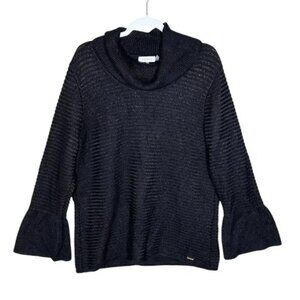 Calvin Klein Black Cowl Neck Ribbed Sparkle Bell Sleeve Sweater